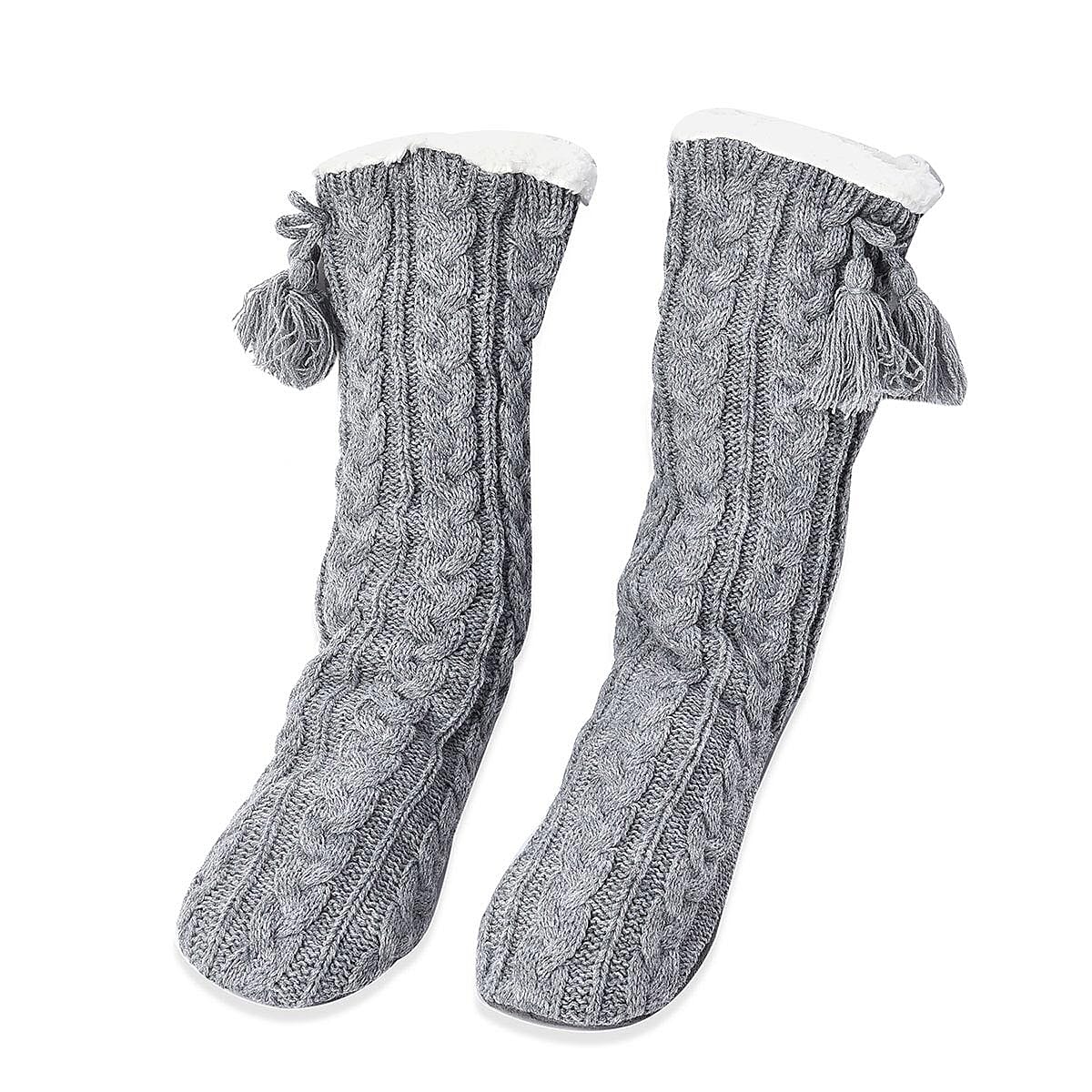 Set of 2 Warm & Fuzzy Red & Gray Cable Knitted Sherpa Lined Slipper Socks (Women's Size 5-10)