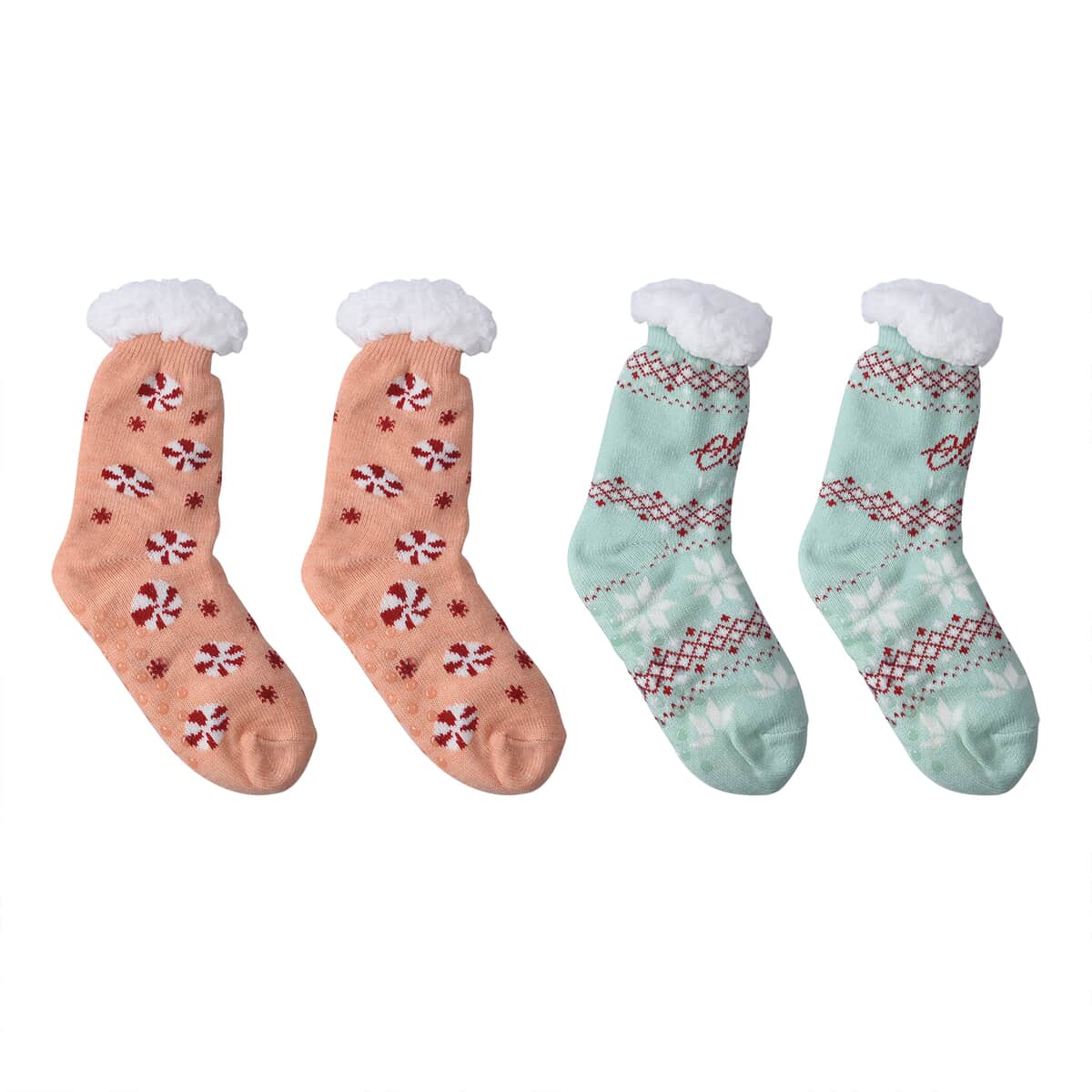 Homesmart Set of 2 Warm & Fuzzy Pastel Color Snowflake and Peppermint Pattern Sherpa Lined Slipper Socks image number 0