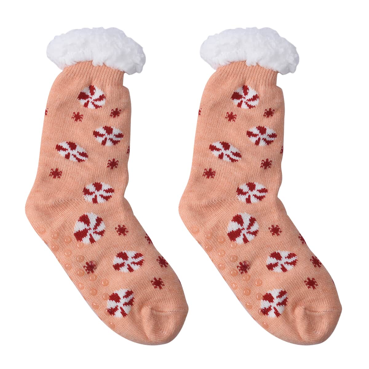 Homesmart Set of 2 Warm & Fuzzy Pastel Color Snowflake and Peppermint Pattern Sherpa Lined Slipper Socks image number 1