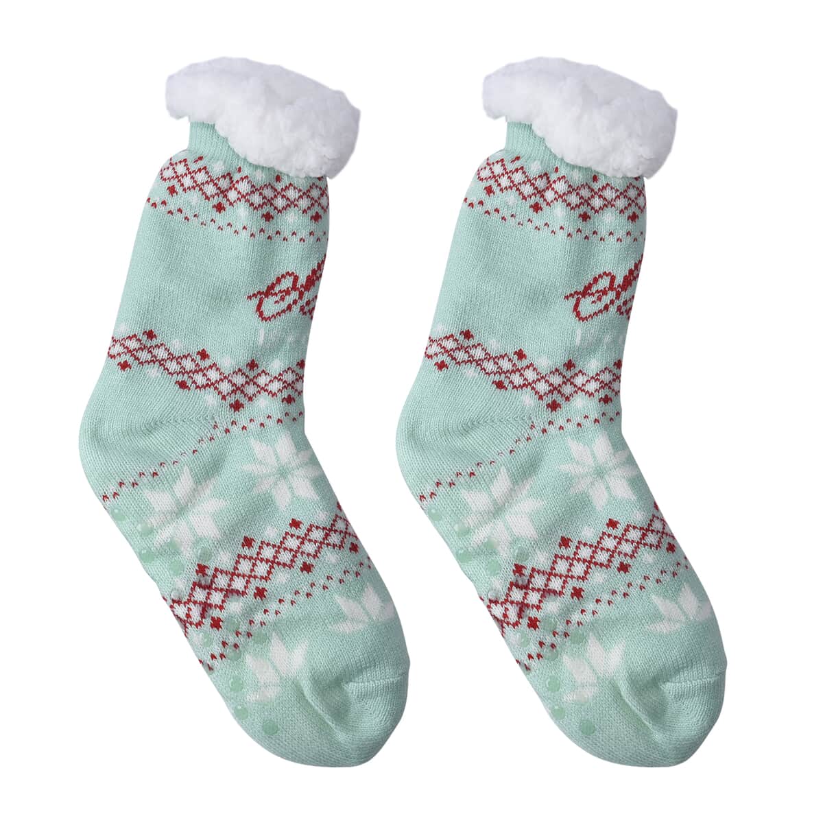 Homesmart Set of 2 Warm & Fuzzy Pastel Color Snowflake and Peppermint Pattern Sherpa Lined Slipper Socks image number 4