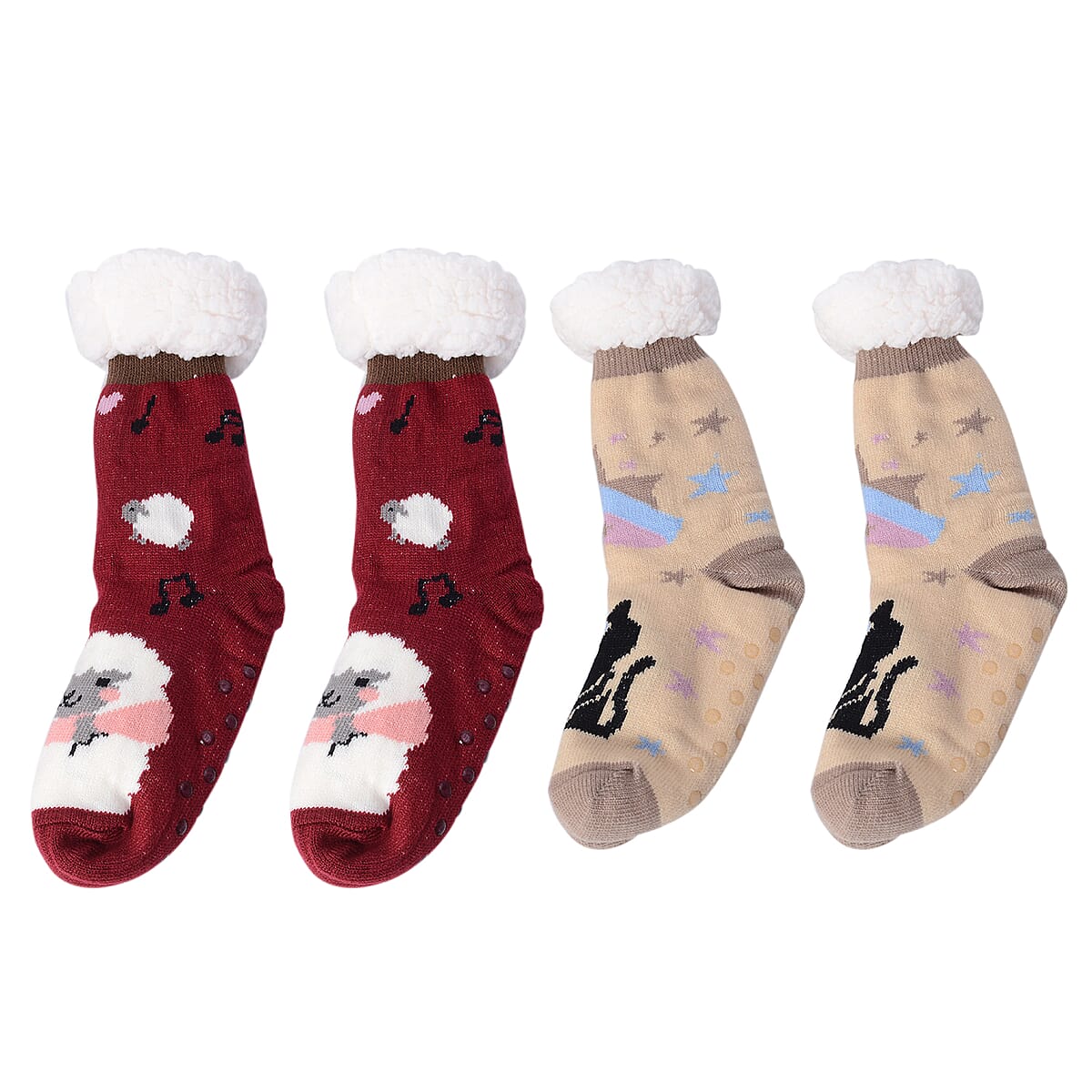 Homesmart Women & Girl Animal Pattern Sherpa Lined Nonskid Warm & Fuzzy Slipper Socks with Gripper (2 Pairs) image number 0