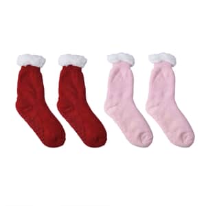 Homesmart Set of 2 Pairs Solid Wine and Pink with Inside Sherpa Acrylic Knitted Socks (Size 6-10)