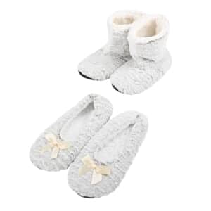 HOMESMART Light Gray Microfiber Faux Fur, Sherpa Booties and Matching Ballerina Slippers (Women's Size 5-10)