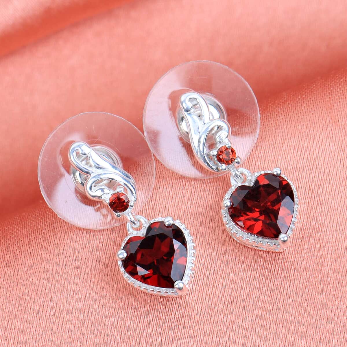 Mozambique Garnet Heart Earrings in Sterling Silver 3.00 ctw image number 2