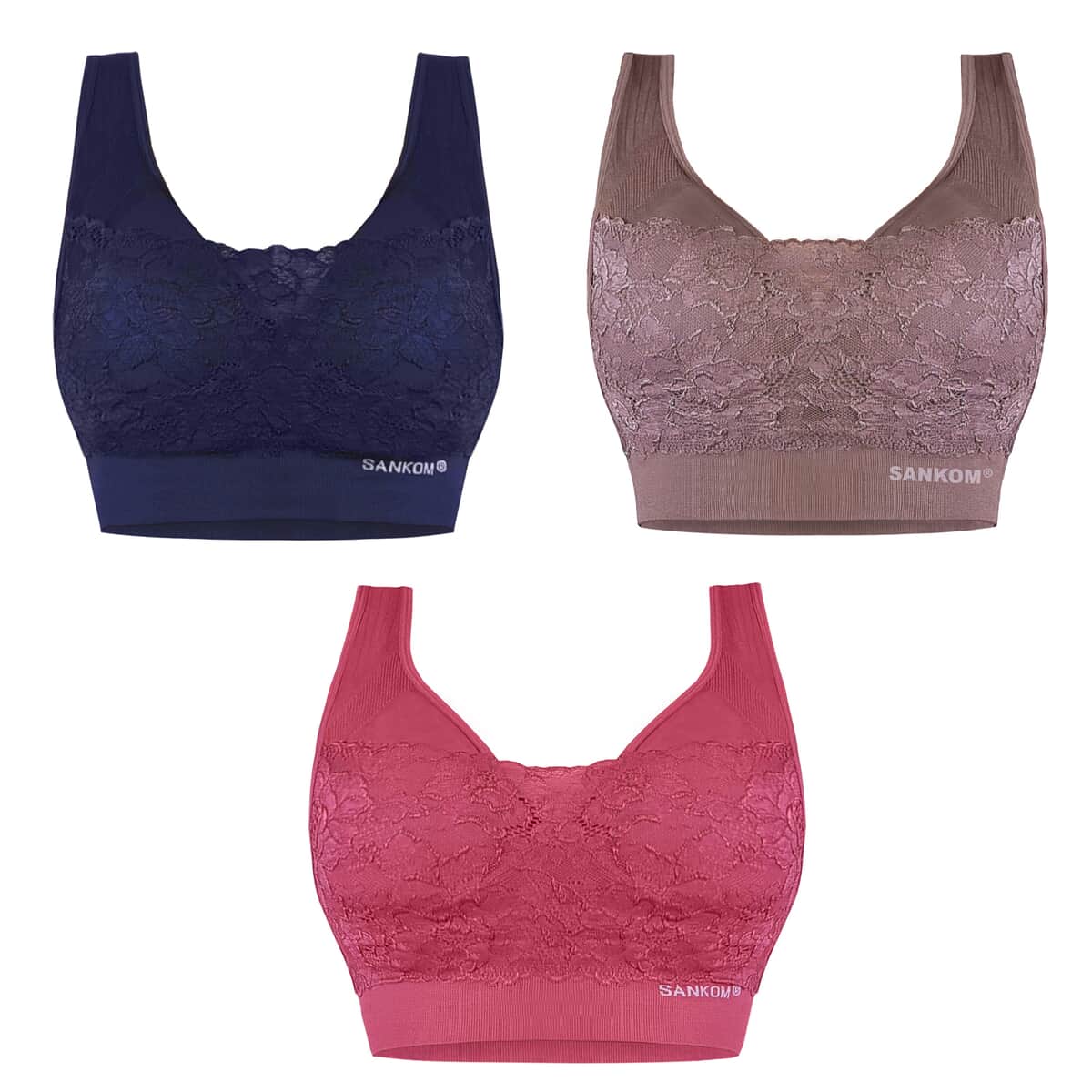 SANKOM Set of 3 Patent Classic Support & Posture Lace Bras - S/M | Navy, Cocoa, and Rose image number 0
