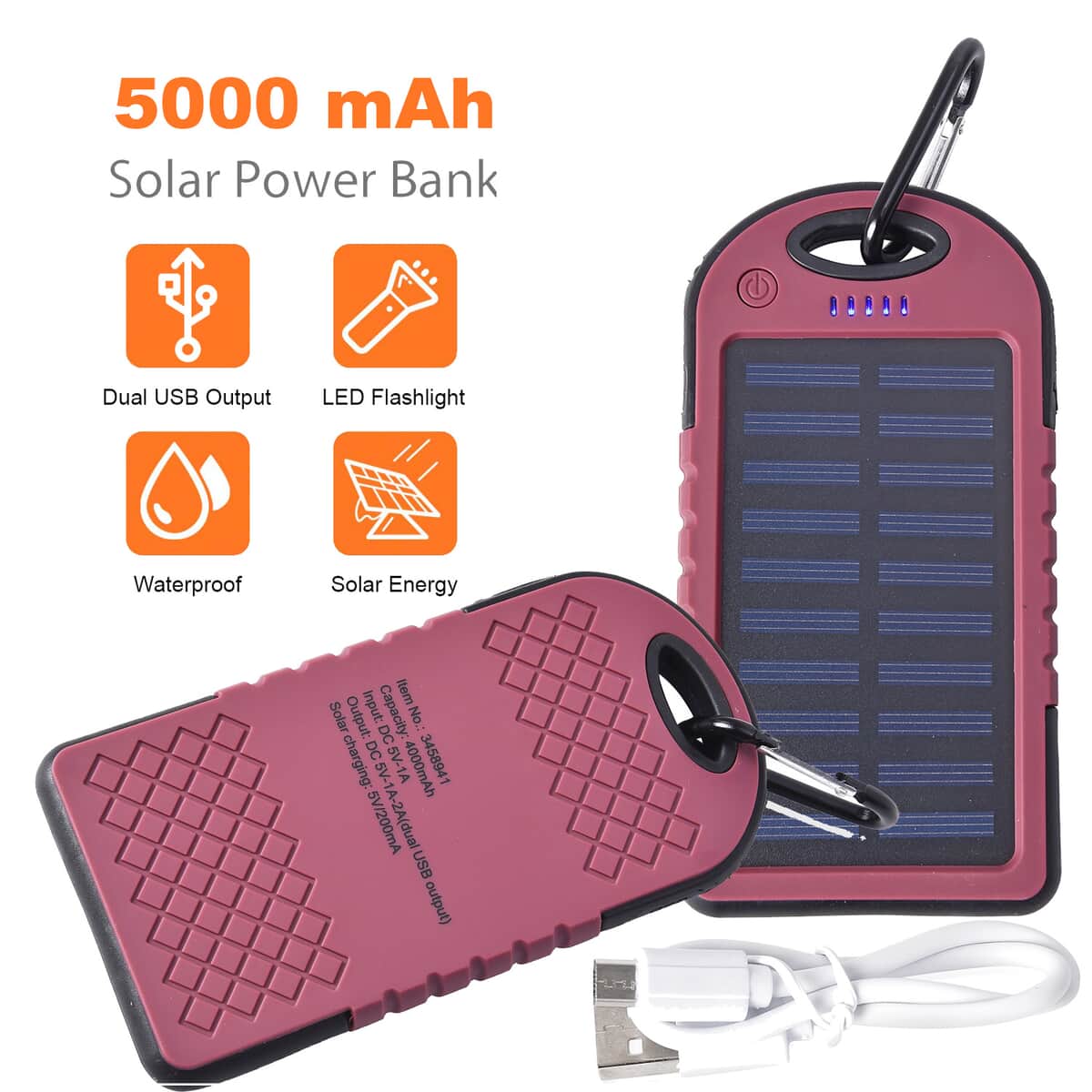 Homesmart Burgundy Carabiner Solar 5000 mAh Battery Charger with USB & Emergency LED Torch image number 1