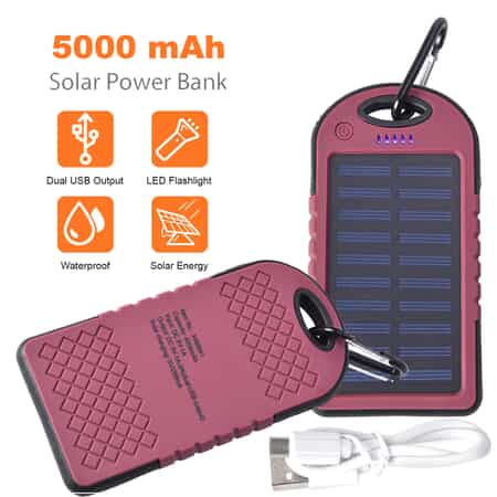 Homesmart Burgundy Carabiner Solar 5000 mAh Battery Charger with USB & Emergency LED Torch image number 2