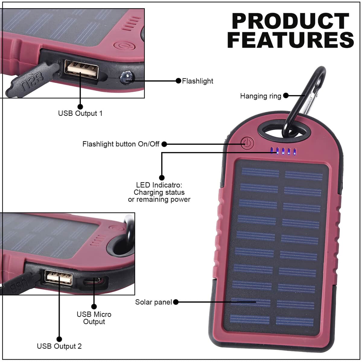 Homesmart Burgundy Carabiner Solar 5000 mAh Battery Charger with USB & Emergency LED Torch image number 2