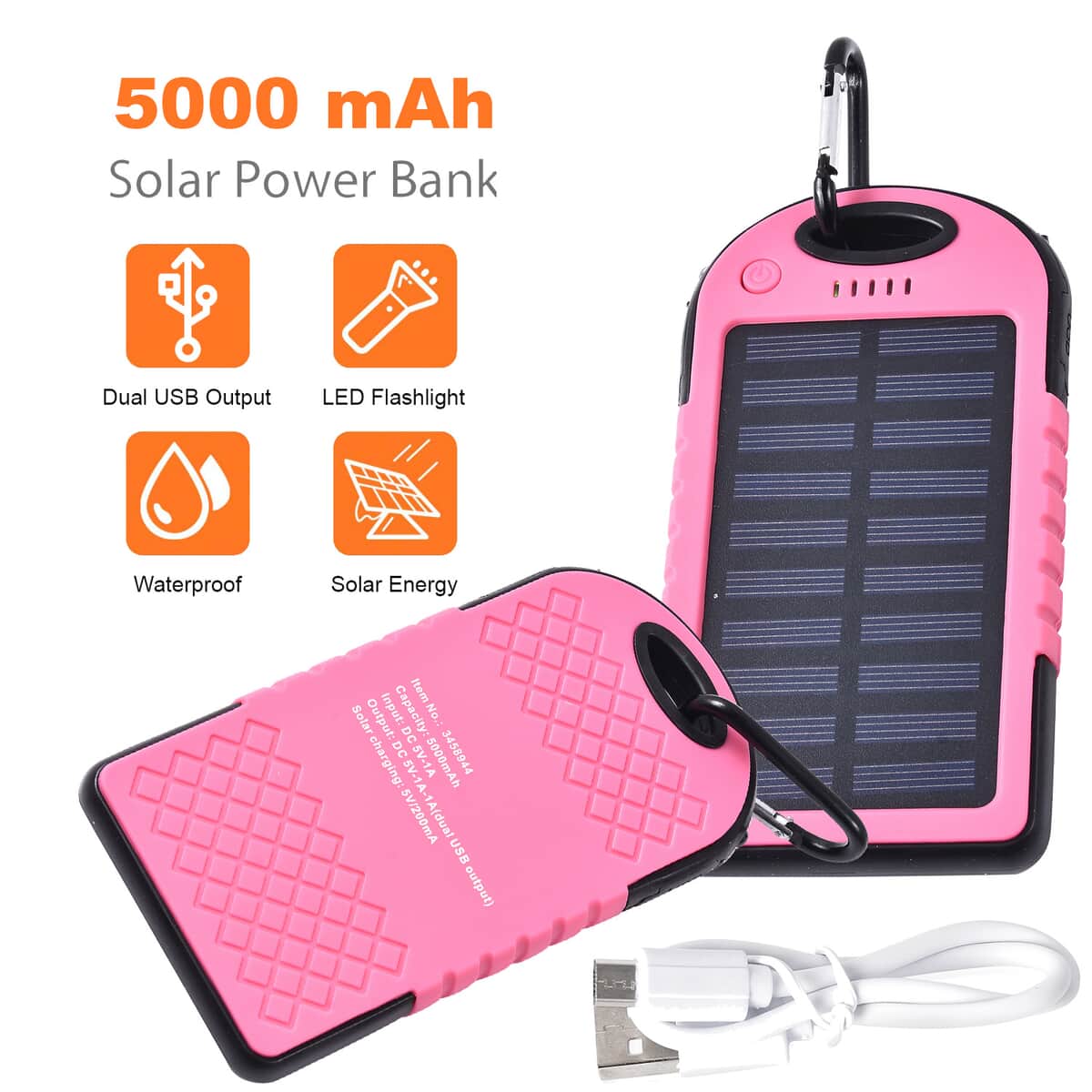 Homesmart Pink Carabiner Solar 5000 mAh Battery Charger with USB & Emergency LED Torch image number 1