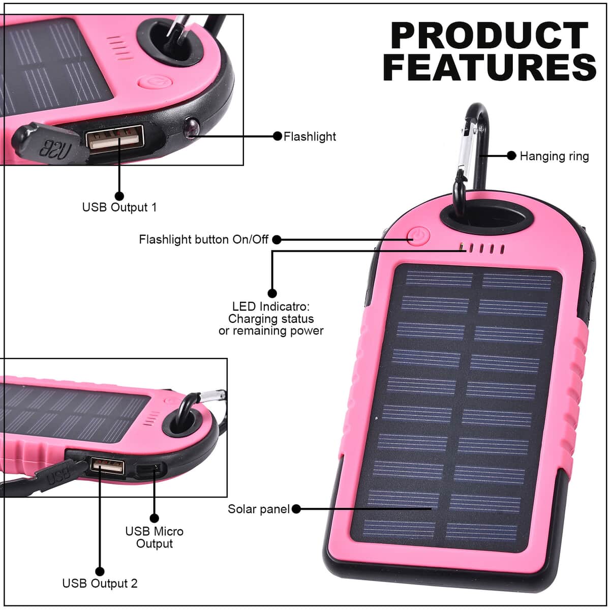 Homesmart Pink Carabiner Solar 5000 mAh Battery Charger with USB & Emergency LED Torch image number 2