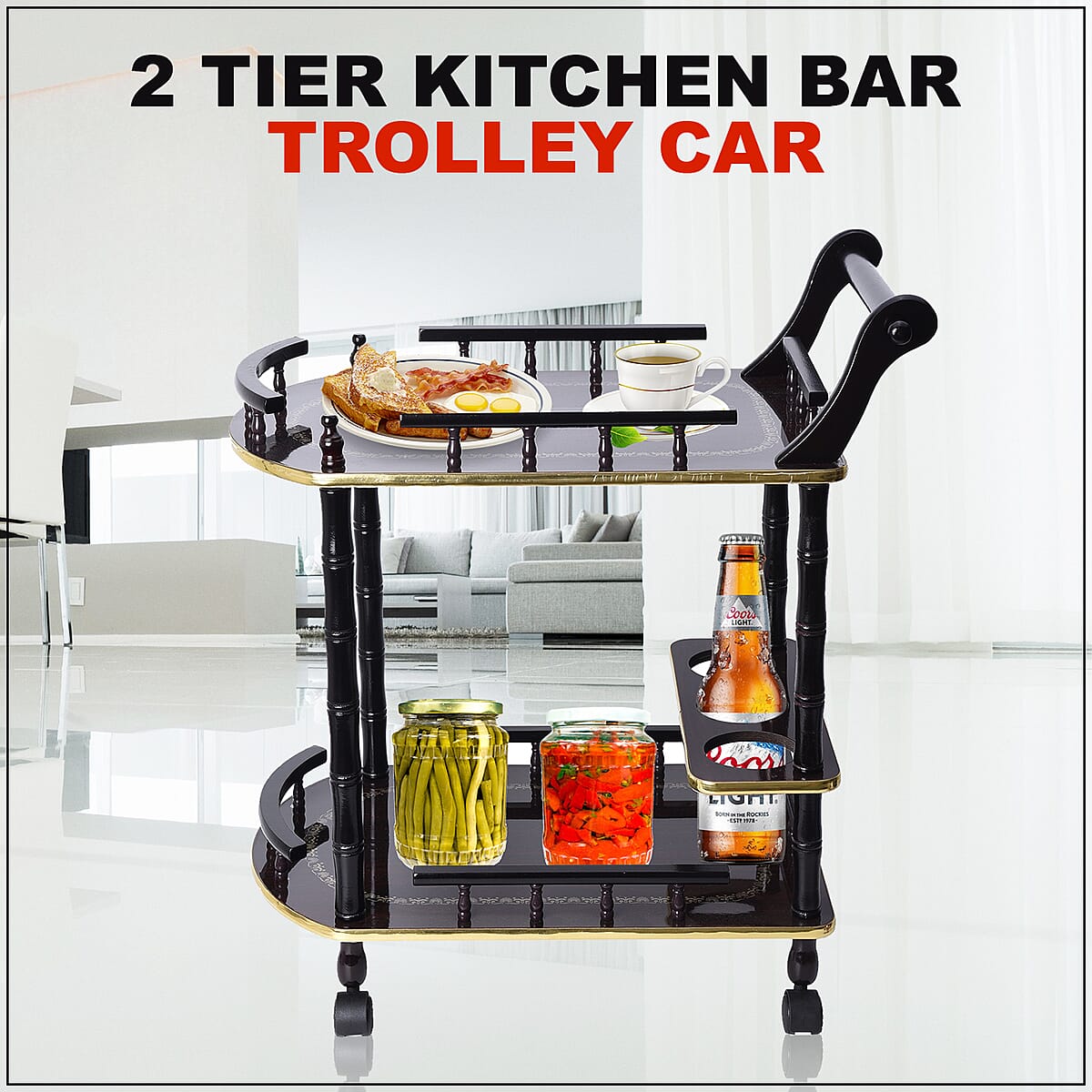 Wooden 2-Tier Kitchen Bar Trolley Car -Tool Not Required image number 1