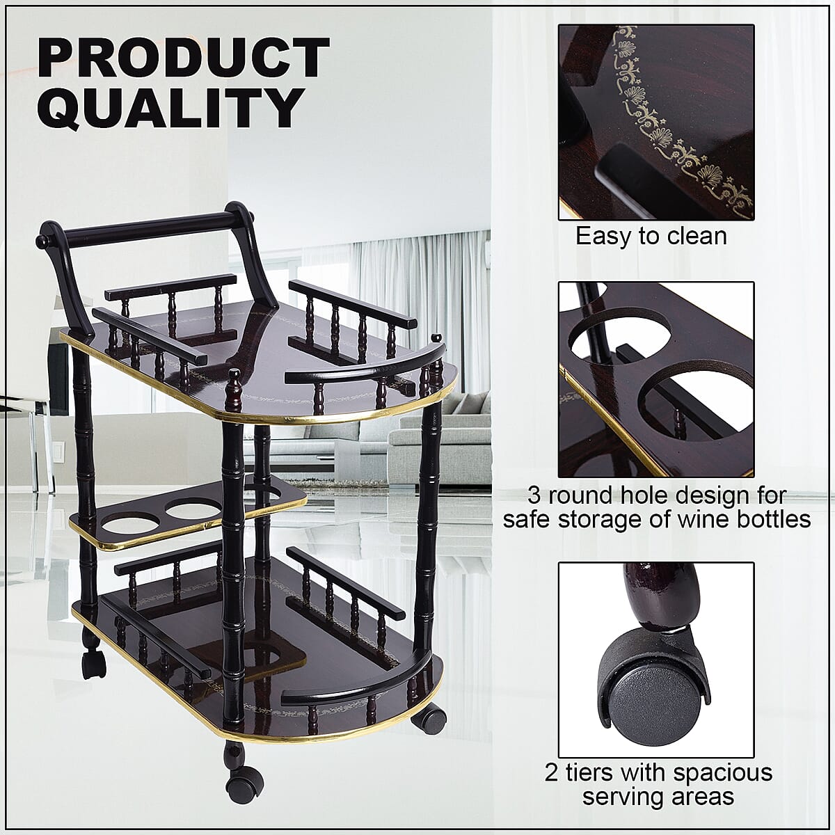 Wooden 2-Tier Kitchen Bar Trolley Car -Tool Not Required image number 2