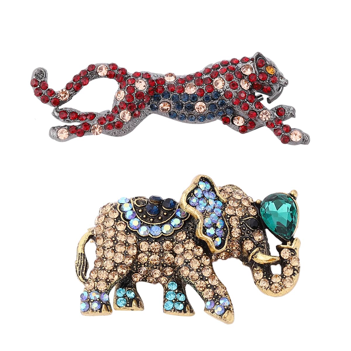 Set of 2 Simulated Green Quartz and Multi Gemstone Leopard and Elephant Brooch or Pendant Necklace 24 Inches in Dualtone image number 0