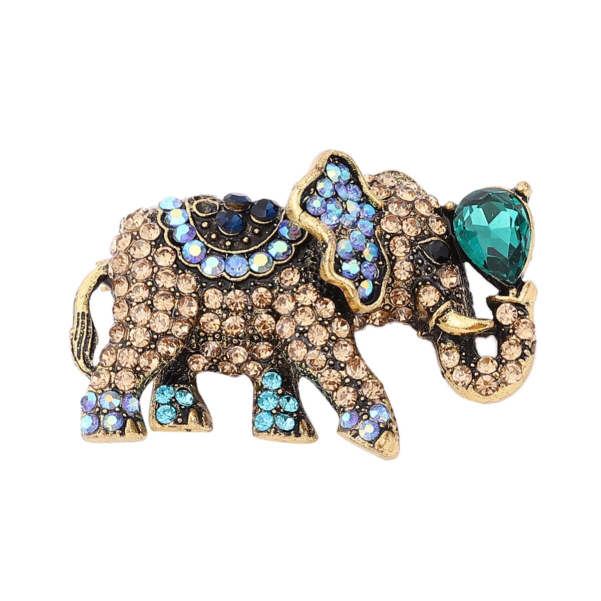 Set of 2 Simulated Green Quartz and Multi Gemstone Leopard and Elephant Brooch or Pendant Necklace 24 Inches in Dualtone image number 3