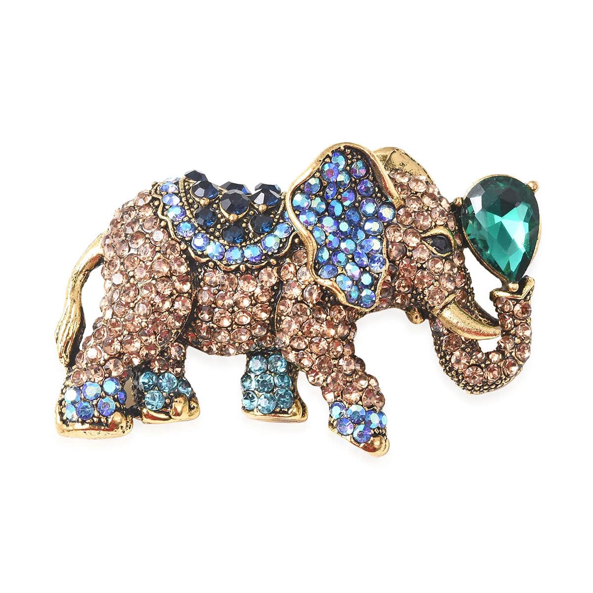 Set of 2 Simulated Green Quartz and Multi Gemstone Leopard and Elephant Brooch or Pendant Necklace 24 Inches in Dualtone image number 4