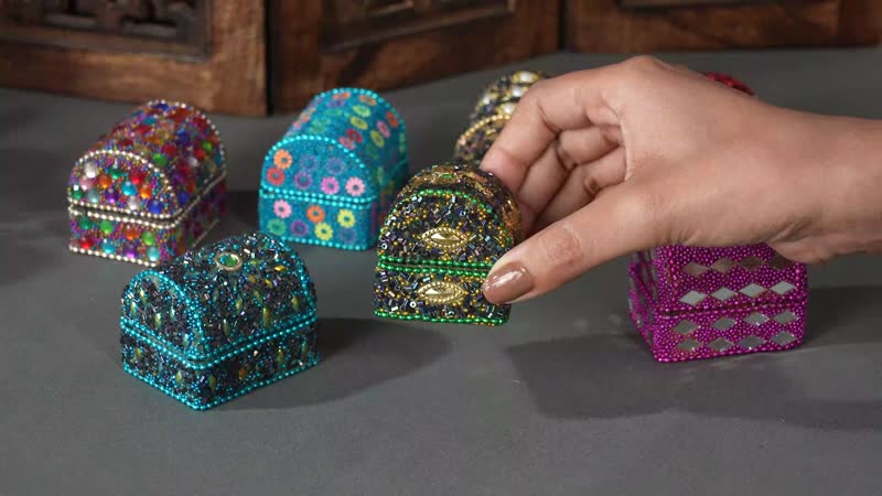 Handcrafted Set of 7 Multi Color, Multi Beaded Wooden Treasure Chest