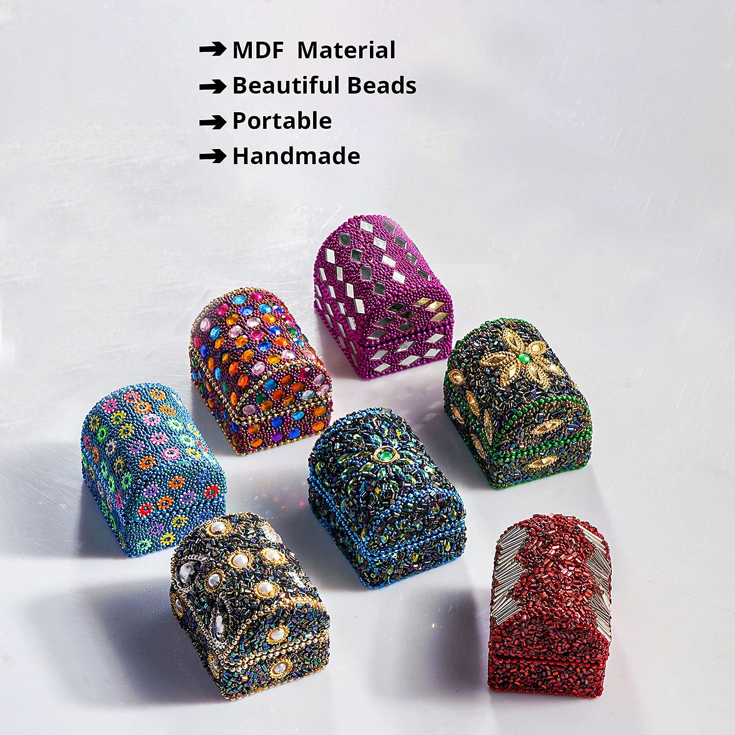 Set of 7 Handcrafted Multi Color Mini Jewelry Box Beads Gemstone Decoration Small Jewelry Keepsake Boxes Treasure Chest Wooden Box