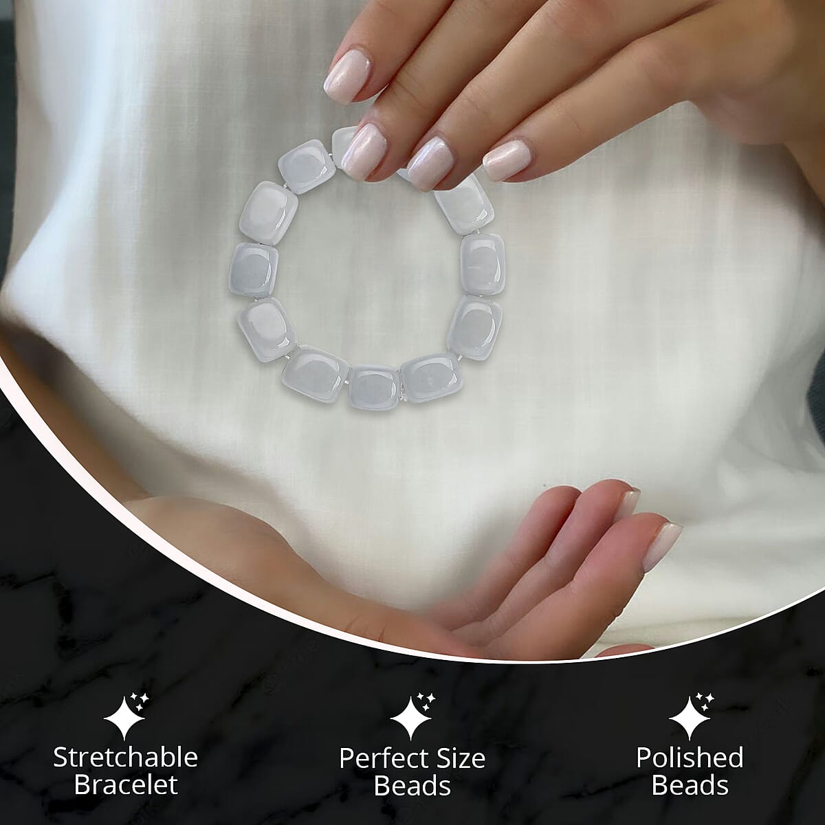 White Jade 481.00 ctw Bracelet, Jade Beads Bracelet, Stretch Bracelet image number 2