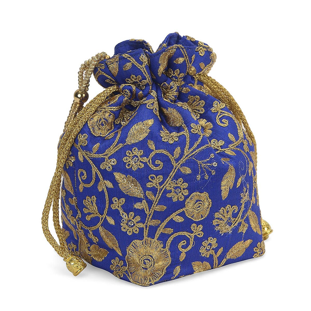 Handcrafted Royal Blue, Golden Satin Embroiderd Drawstring Potli Bag (7.5x4.5) image number 1