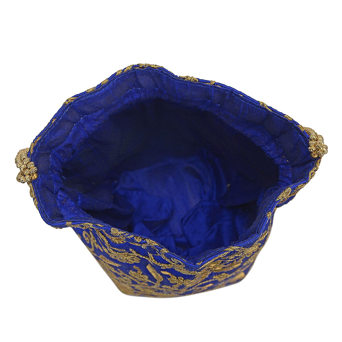 Handcrafted Royal Blue, Golden Satin Embroiderd Drawstring Potli Bag (7.5x4.5) image number 2