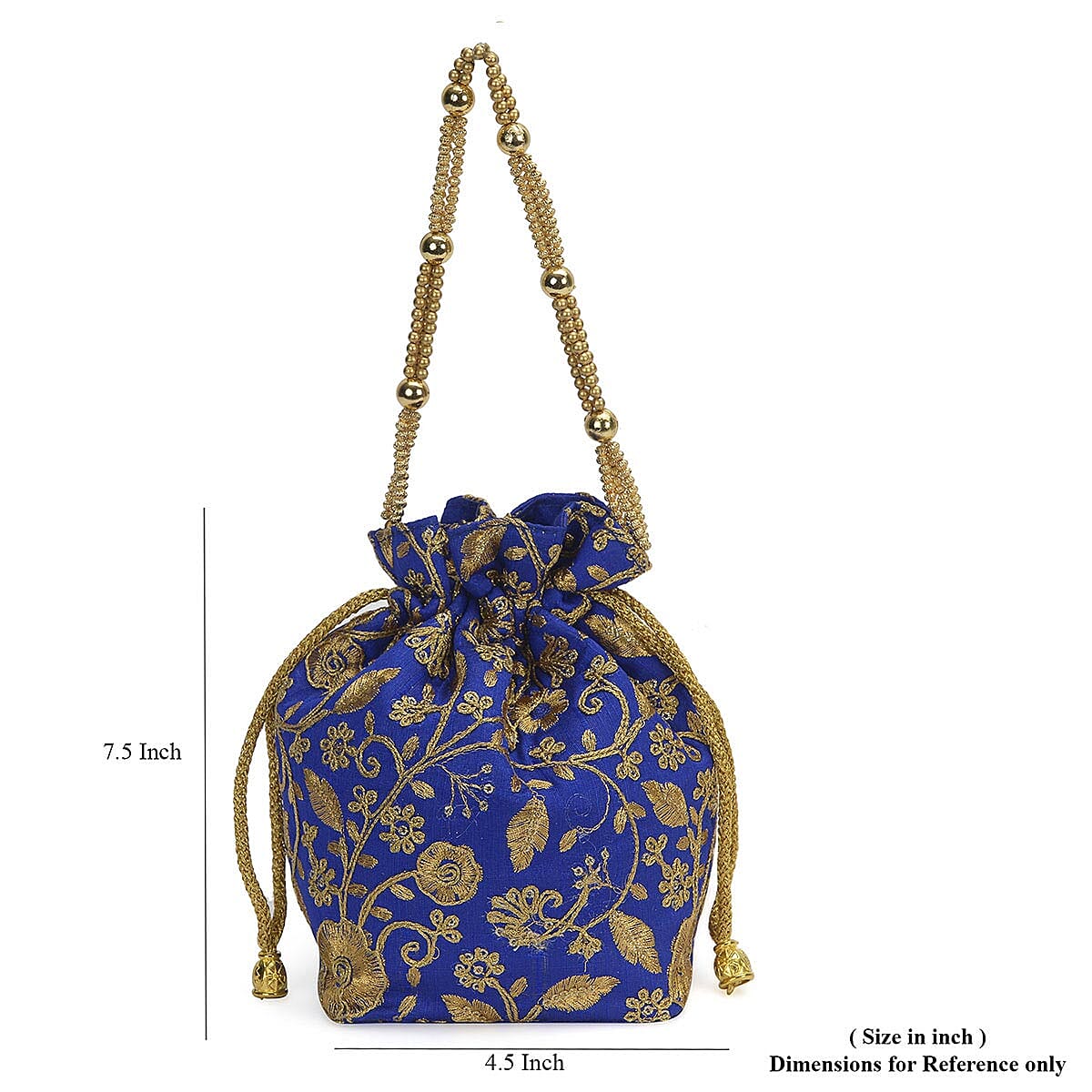 Handcrafted Royal Blue, Golden Satin Embroiderd Drawstring Potli Bag (7.5x4.5) image number 4