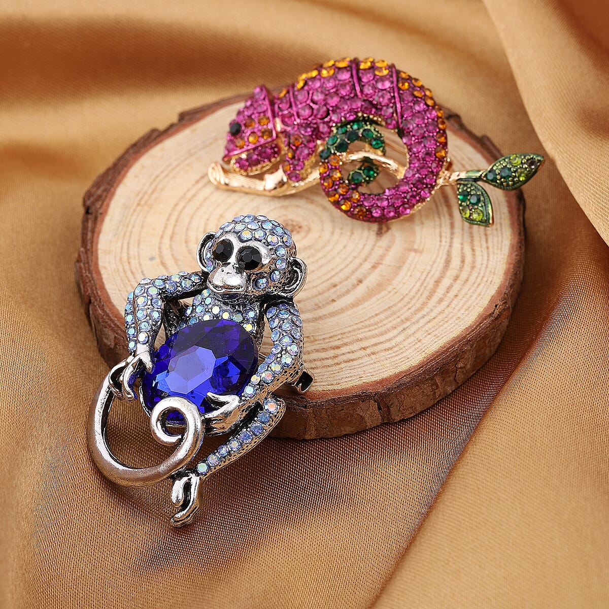 Blue Glass and Multi Gemstone Set of 2 Monkey and Chameleon Brooch or Pendant Necklace 24 Inches in Dualtone & Stainless Steel image number 1