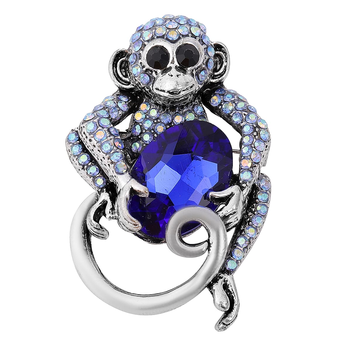 Blue Glass and Multi Gemstone Set of 2 Monkey and Chameleon Brooch or Pendant Necklace 24 Inches in Dualtone & Stainless Steel image number 2