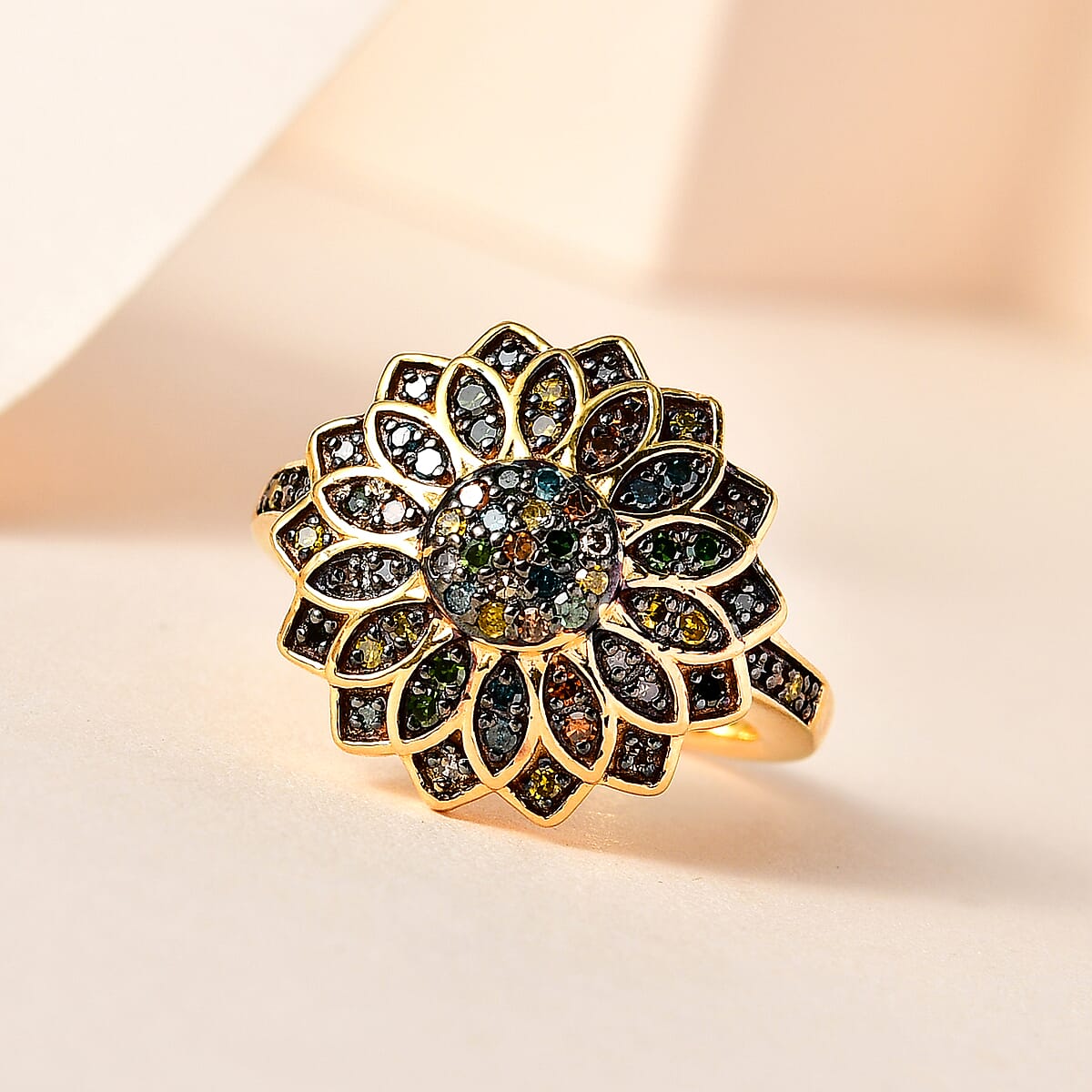 GP Italian Garden Collection Multi Diamond Floral Ring in Rhodium & Vermeil Yellow Gold Over Sterling Silver (Size 6.0) 0.50 ctw image number 1