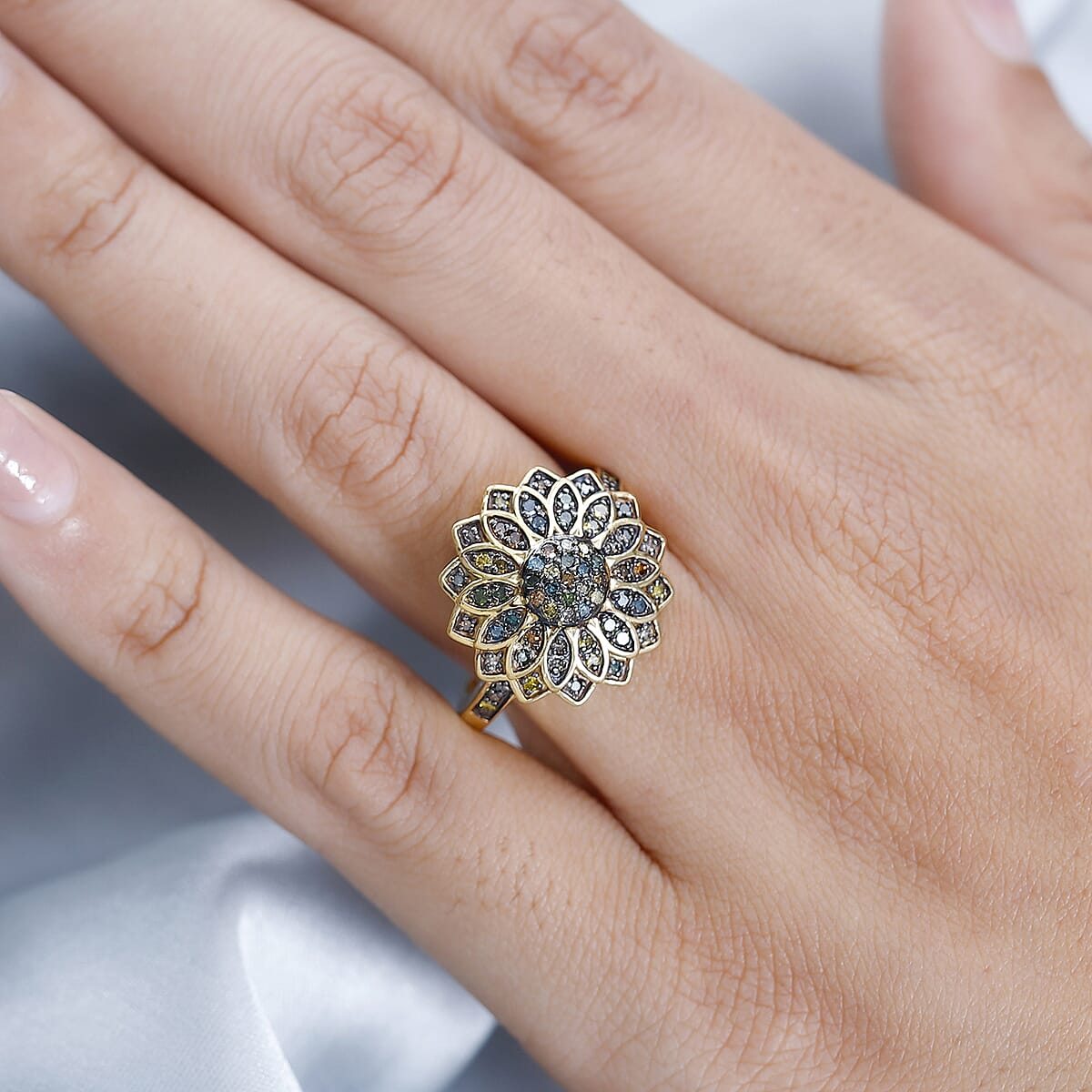 GP Italian Garden Collection Multi Diamond Floral Ring in Rhodium & Vermeil Yellow Gold Over Sterling Silver (Size 6.0) 0.50 ctw image number 2