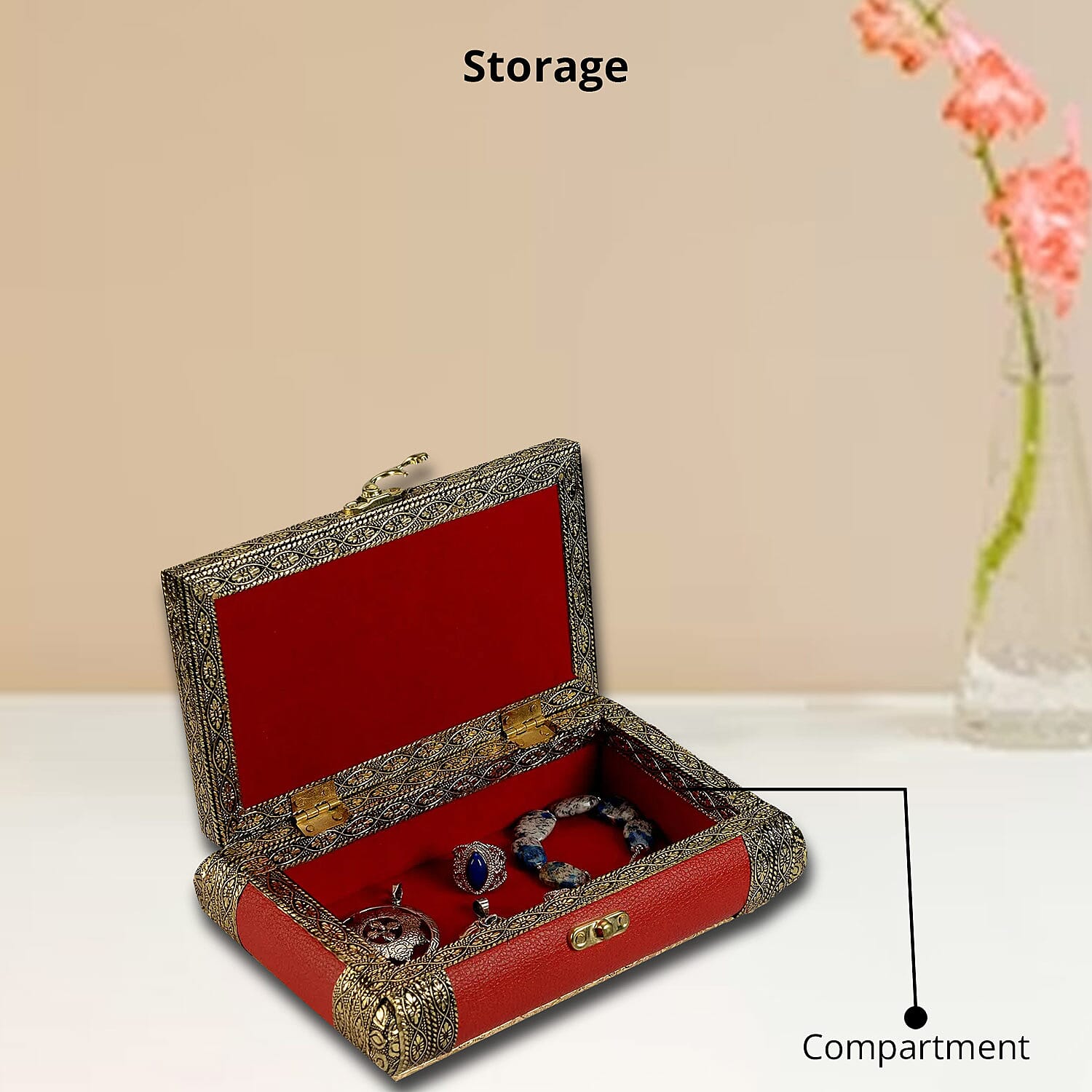 Red Faux Leather Oxidized Jewelry Box with Scratch Protection Interior , Jewelry Storage Box for Women , Travel Jewelry Case , Jewelry Organizer