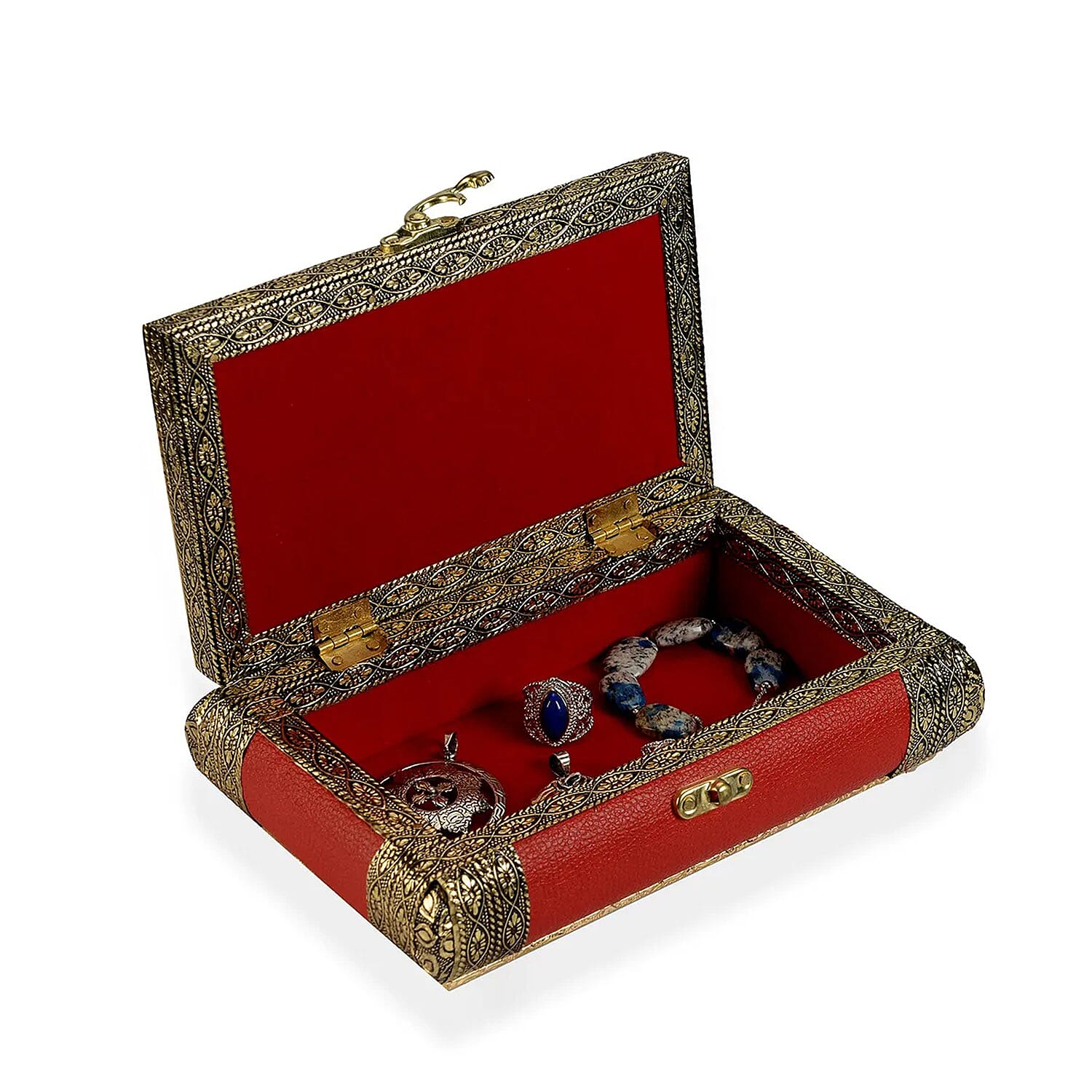 Red Faux Leather Oxidized Jewelry Box with Scratch Protection Interior , Jewelry Storage Box for Women , Travel Jewelry Case , Jewelry Organizer