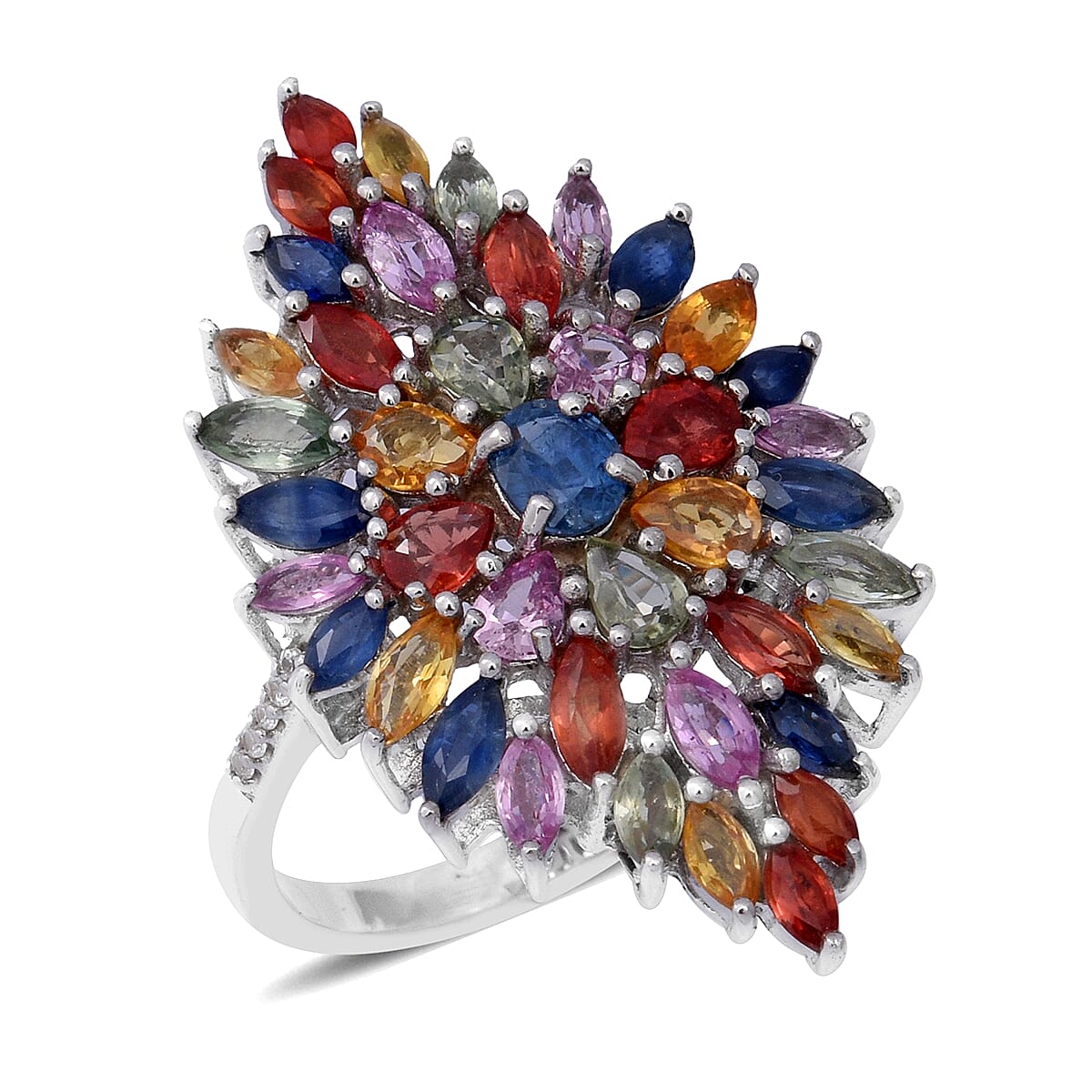 Multi Sapphire Elongated Floral Ring in Platinum Over Sterling Silver (Size 10.0) (8 g) 6.10 ctw