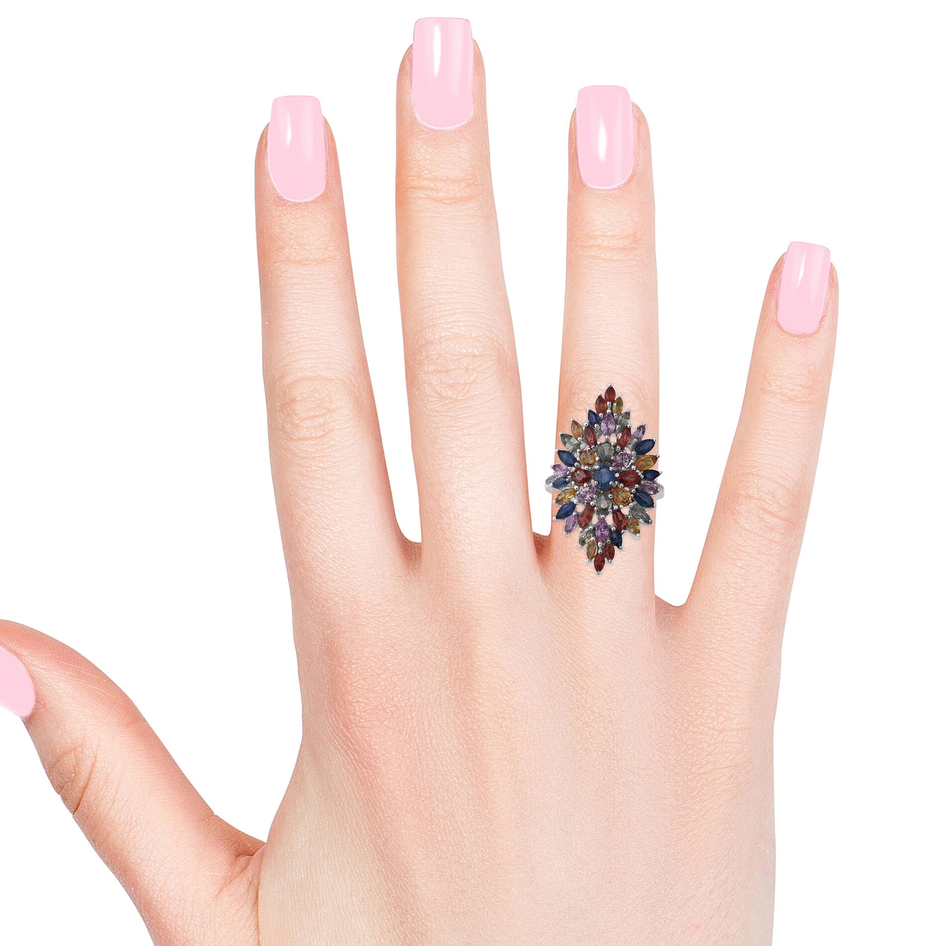 Multi Sapphire Elongated Floral Ring in Platinum Over Sterling Silver (Size 10.0) (8 g) 6.10 ctw