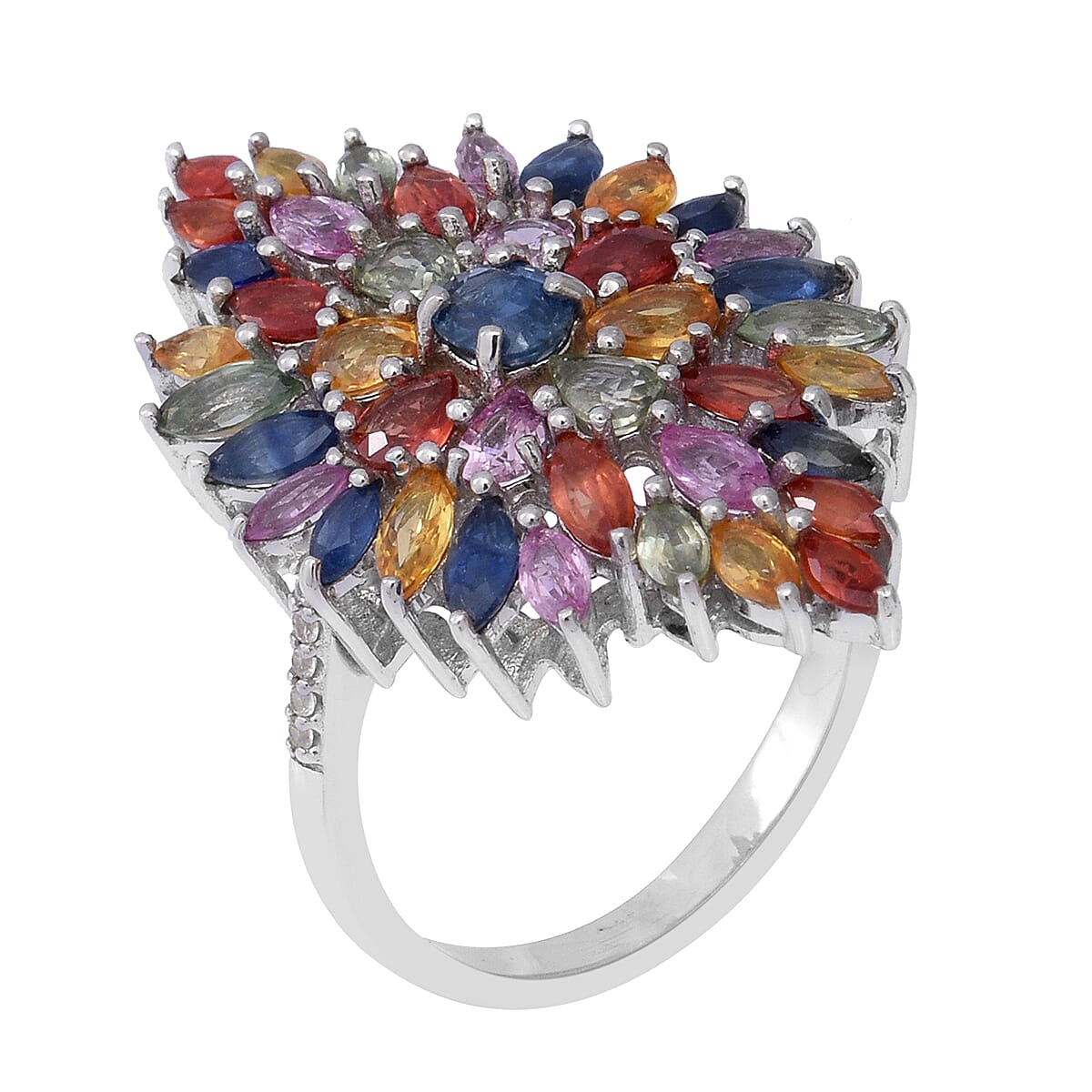 Multi Sapphire Elongated Floral Ring in Platinum Over Sterling Silver (Size 10.0) (8 g) 6.10 ctw