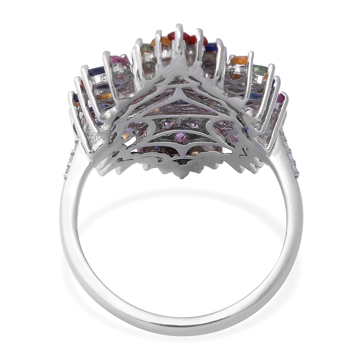 Multi Sapphire Elongated Floral Ring in Platinum Over Sterling Silver (Size 10.0) (8 g) 6.10 ctw