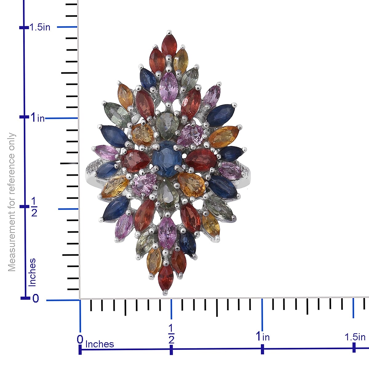 Multi Sapphire Elongated Floral Ring in Platinum Over Sterling Silver (Size 10.0) (8 g) 6.10 ctw