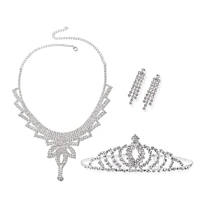 Austrian Crystal Earrings and Marquise Pattern Tiara and Fancy Necklace 18-22 Inches in Silvertone