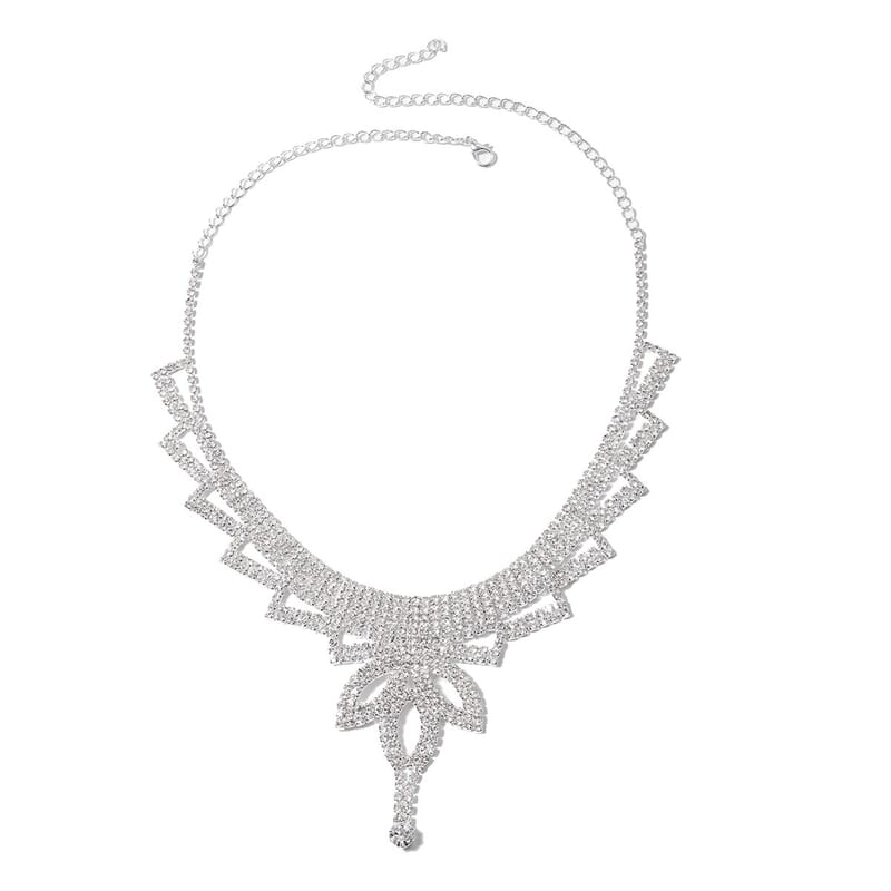 Austrian Crystal Earrings and Marquise Pattern Tiara and Fancy Necklace 18-22 Inches in Silvertone