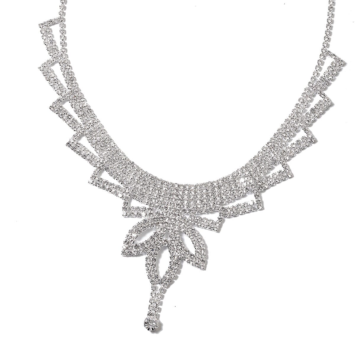 Austrian Crystal Earrings and Marquise Pattern Tiara and Fancy Necklace 18-22 Inches in Silvertone