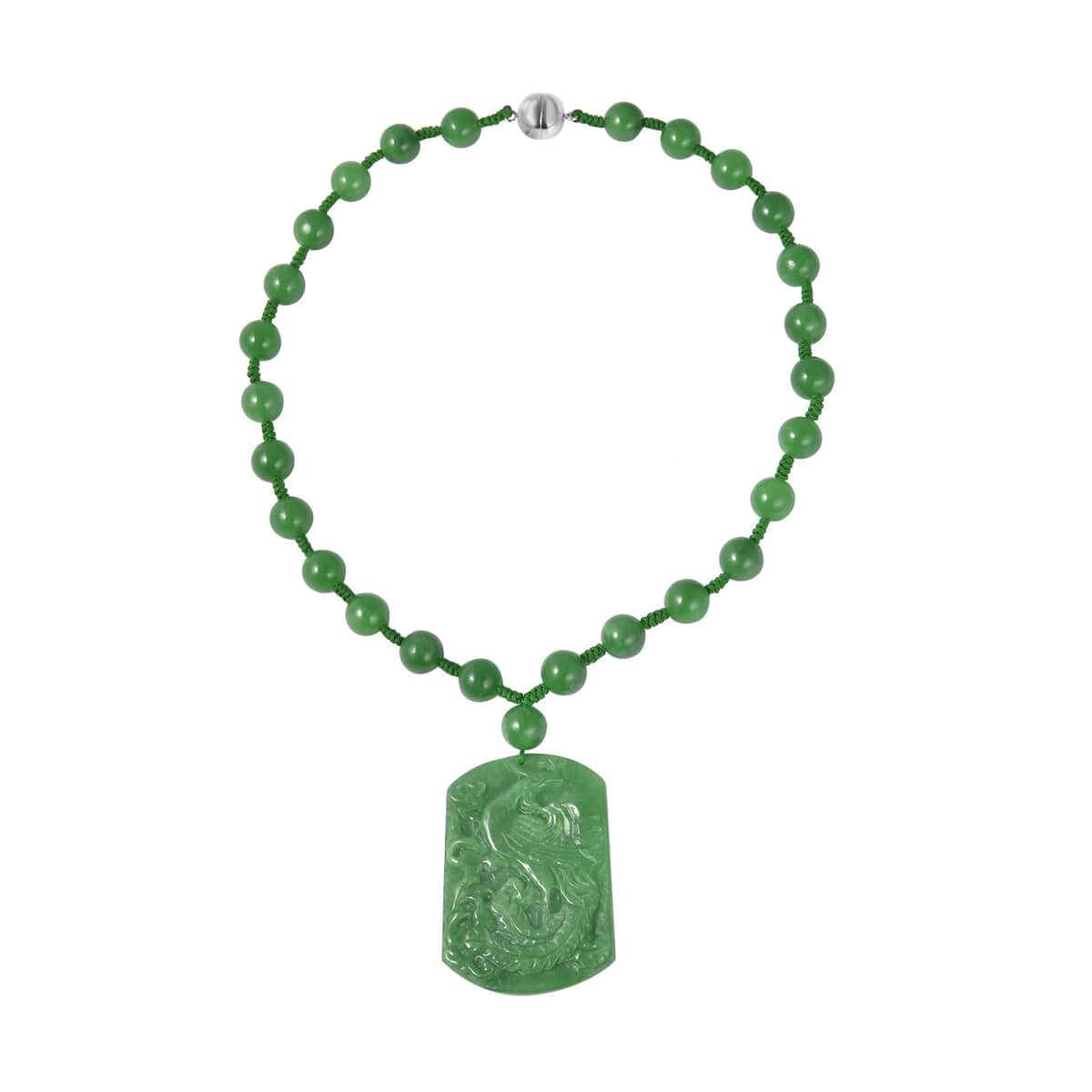 Green Jade (D) Phoenix Carved Pendant with Beaded Necklace 18 Inches in Sterling Silver 782.00 ctw image number 0