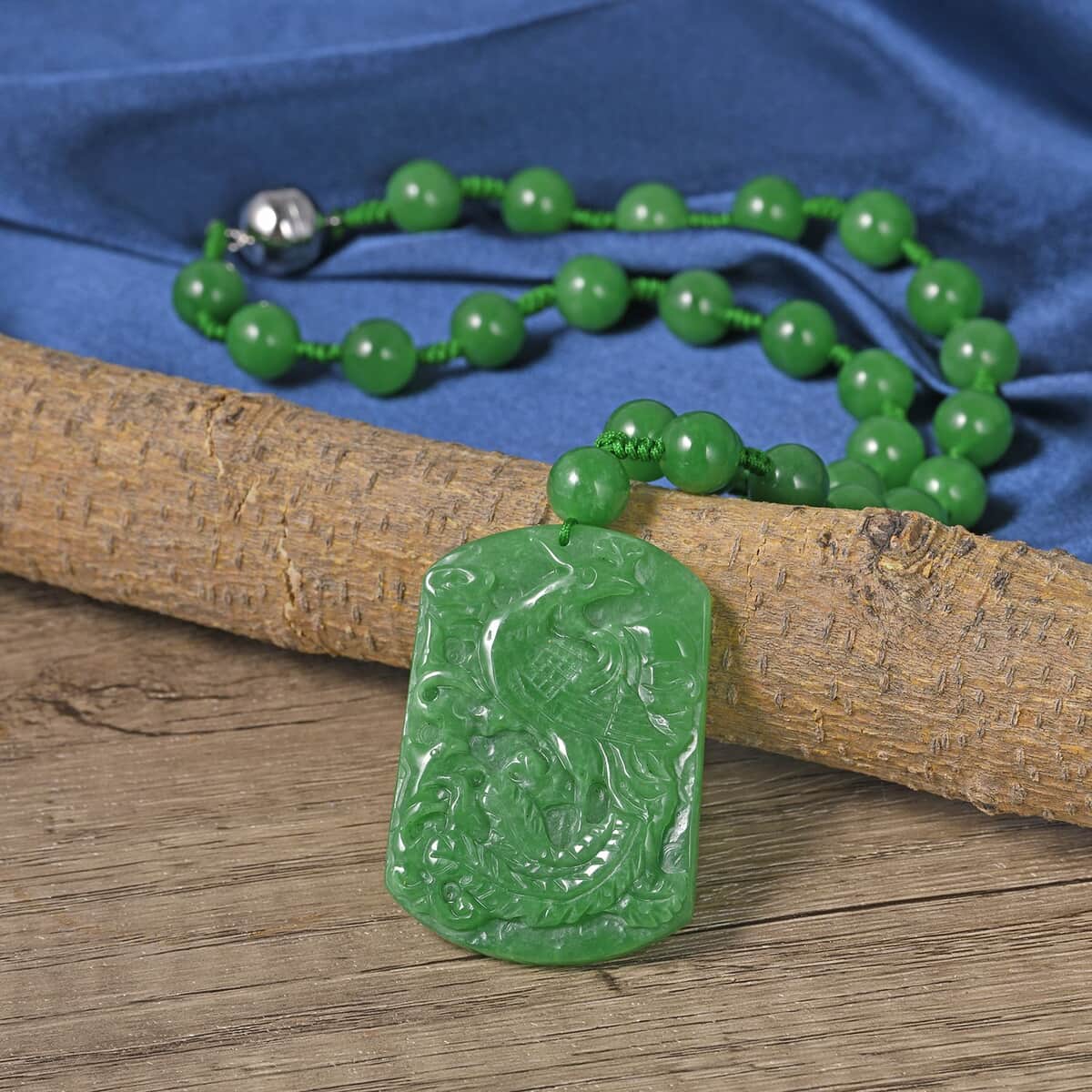 Green Jade (D) Phoenix Carved Pendant with Beaded Necklace 18 Inches in Sterling Silver 782.00 ctw image number 1