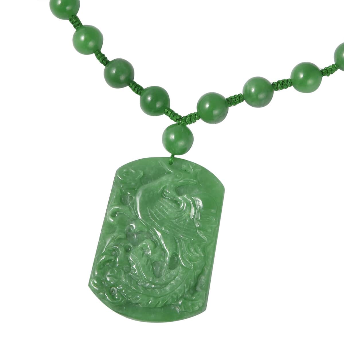 Green Jade (D) Phoenix Carved Pendant with Beaded Necklace 18 Inches in Sterling Silver 782.00 ctw image number 2