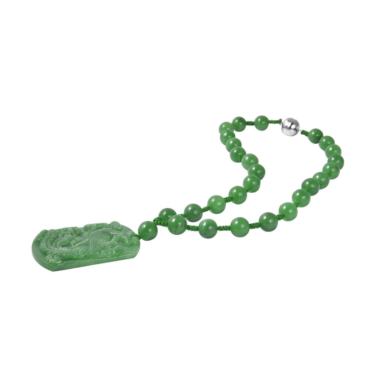 Green Jade (D) Phoenix Carved Pendant with Beaded Necklace 18 Inches in Sterling Silver 782.00 ctw image number 3