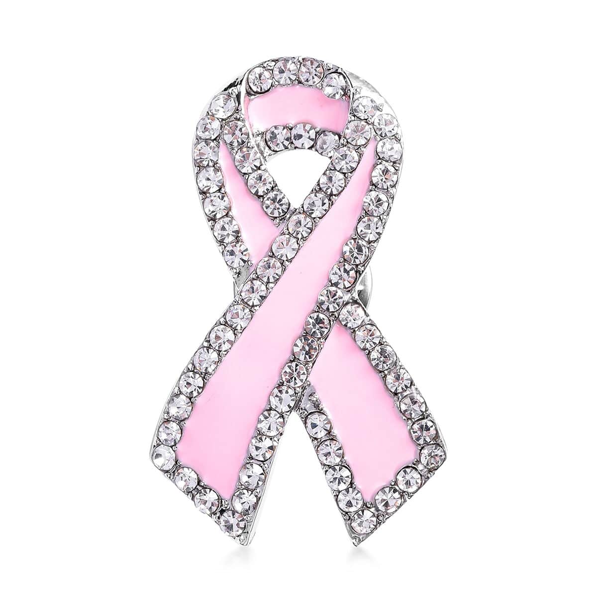 Austrian Crystal and Pink Enameled Ribbon Brooch in Silvertone image number 0
