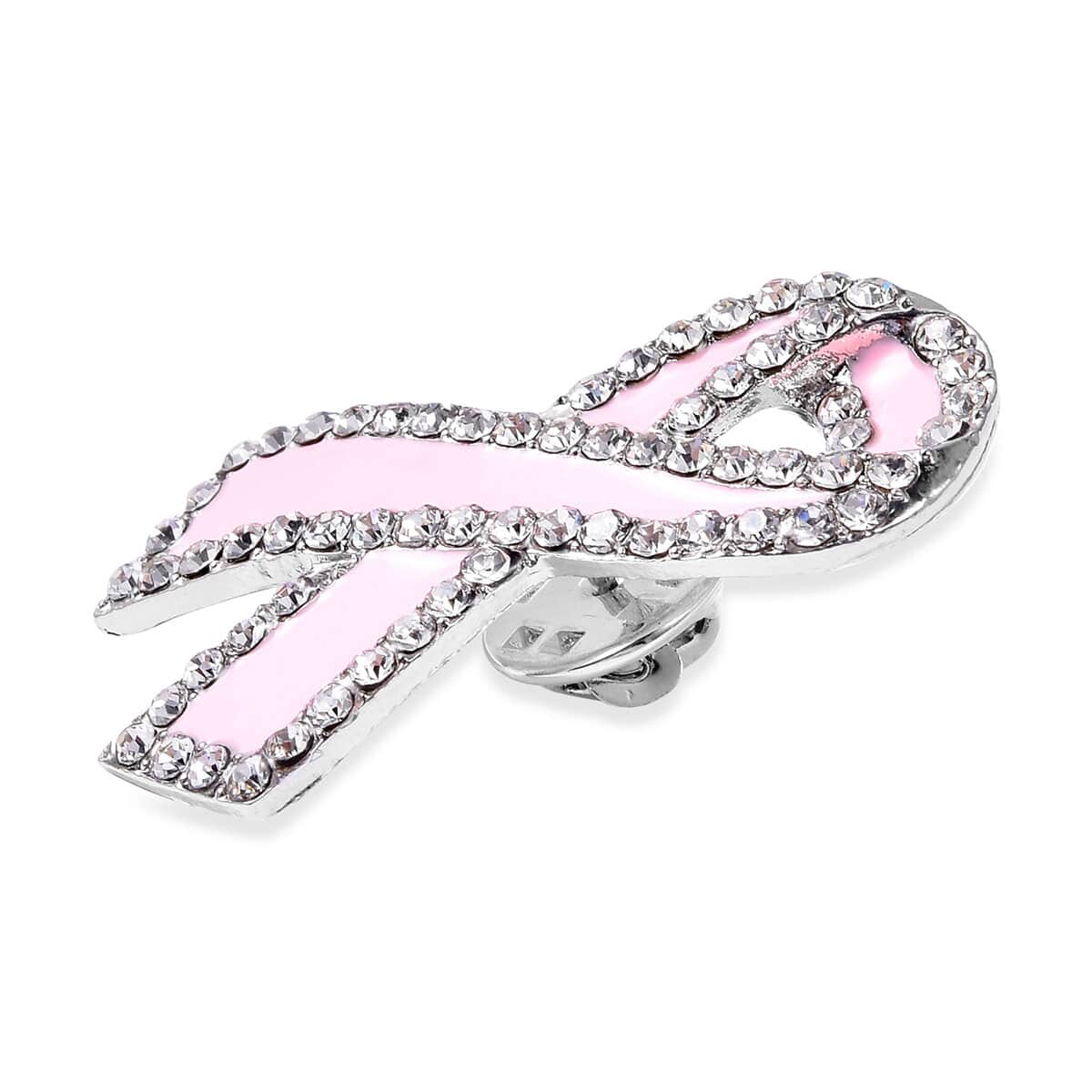 Austrian Crystal and Pink Enameled Ribbon Brooch in Silvertone image number 1