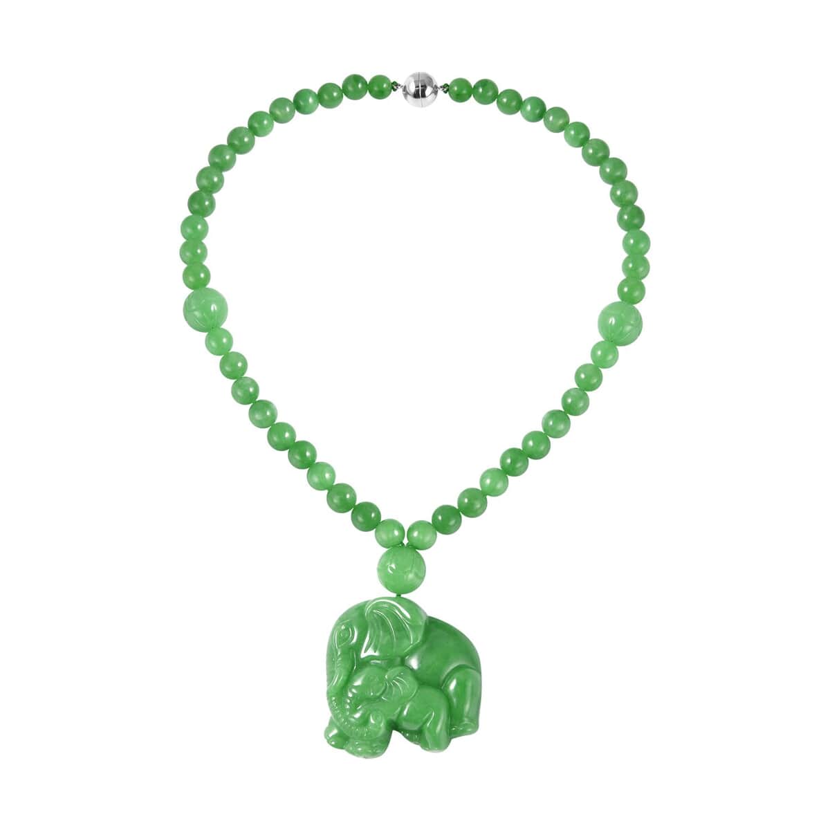 Green Jade (D) Elephant Carved Pendant with Beaded Necklace 18 Inches in Sterling Silver 901.00 ctw image number 0