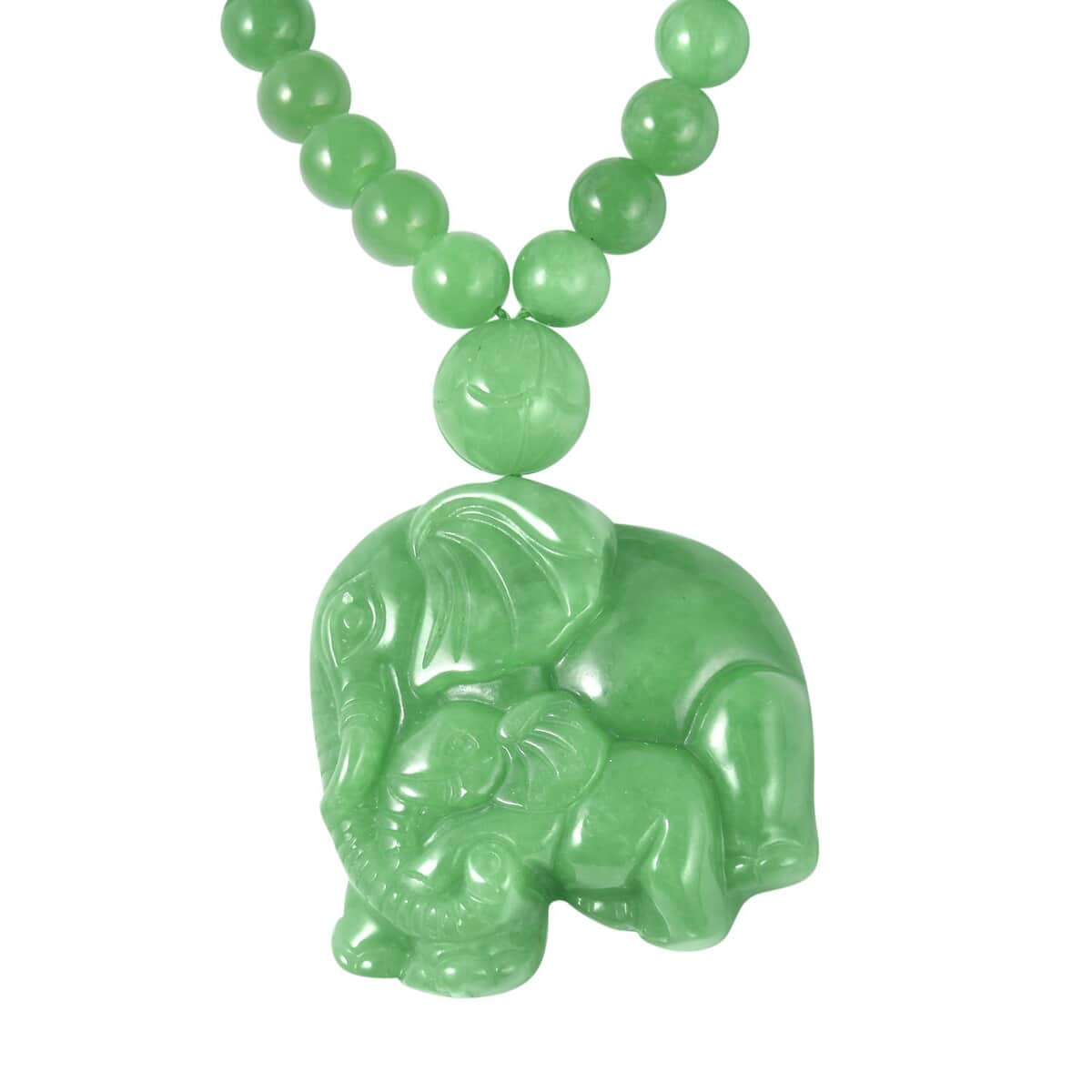 Green Jade (D) Elephant Carved Pendant with Beaded Necklace 18 Inches in Sterling Silver 901.00 ctw image number 2