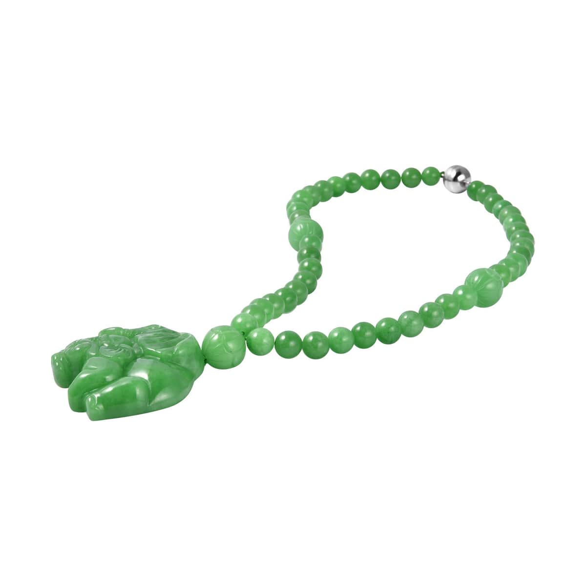 Green Jade (D) Elephant Carved Pendant with Beaded Necklace 18 Inches in Sterling Silver 901.00 ctw image number 3
