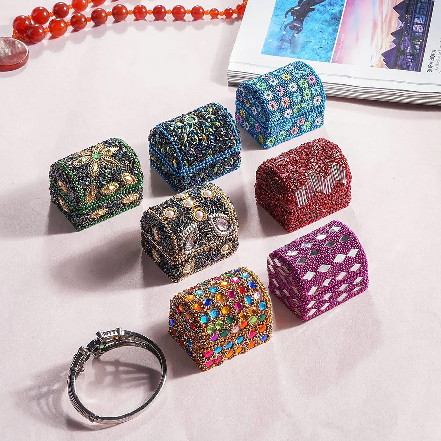 Handcrafted Set of 7 Multi Color, Multi Beaded Wooden Treasure Chest , Jewelry Storage Box for Women , Travel Jewelry Case