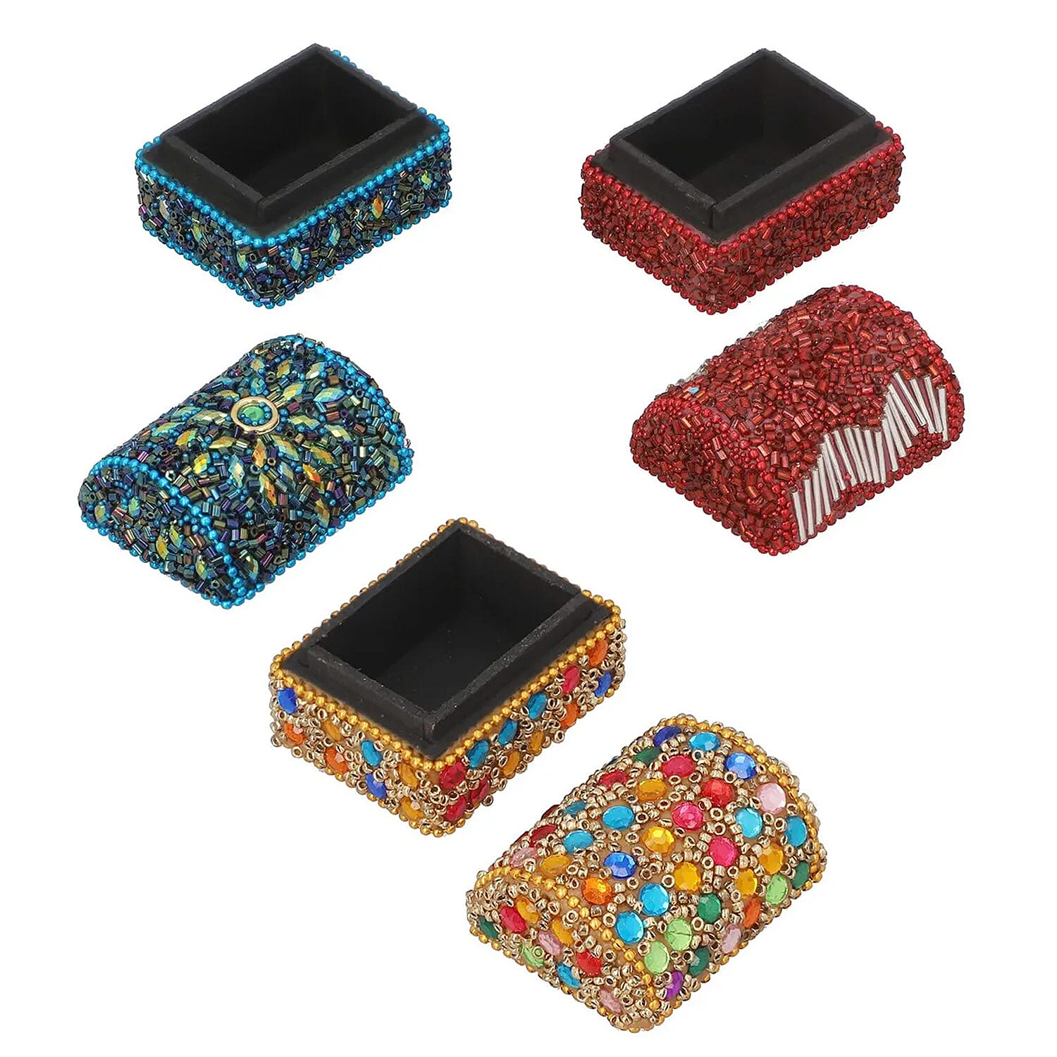 Handcrafted Set of 7 Multi Color, Multi Beaded Wooden Treasure Chest , Jewelry Storage Box for Women , Travel Jewelry Case